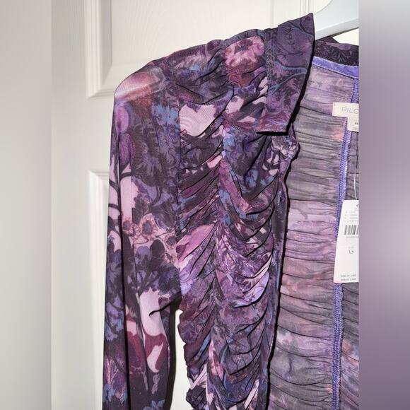 NWT Pilcro Collared Mesh Buttondown Shirt Dark Purple Floral Leaves Size XS - Picture 4 of 8